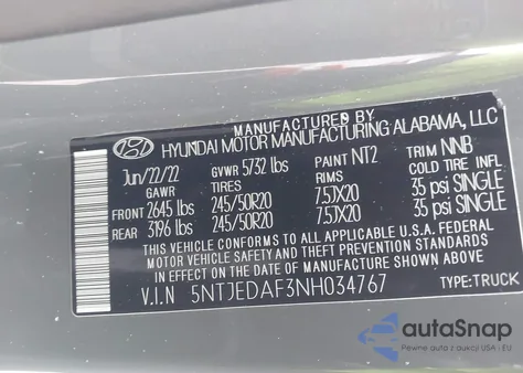 2022 Hyundai Santa Cruz Limited z USA, uszkodzony, nr VIN 5NTJEDAF3NH034767